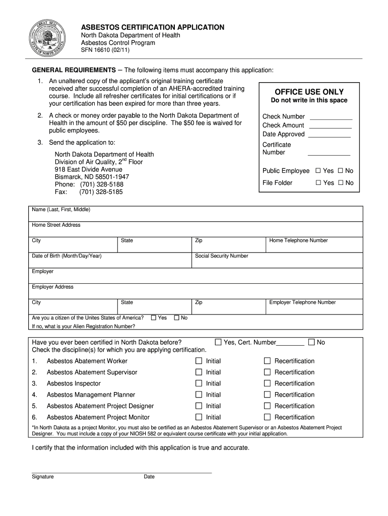 Get and Sign Asbestos Certification Application Form  North Dakota Department    Ndhealth 2011-2022