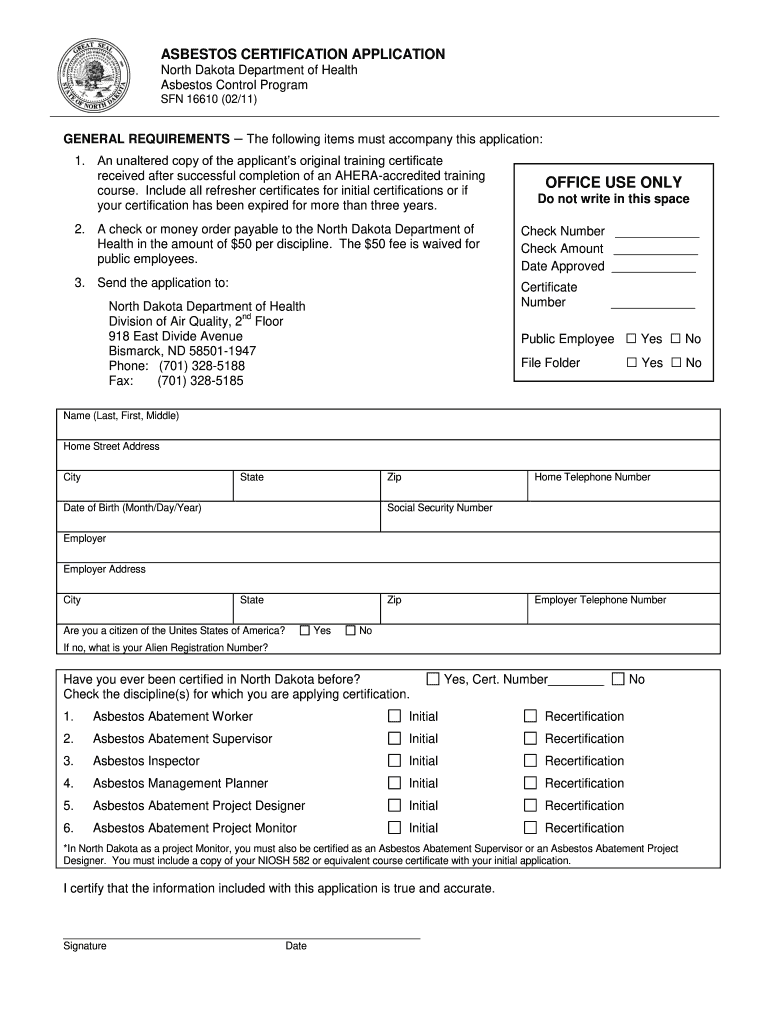  Asbestos Certification Application Form  North Dakota Department    Ndhealth 2011-2024