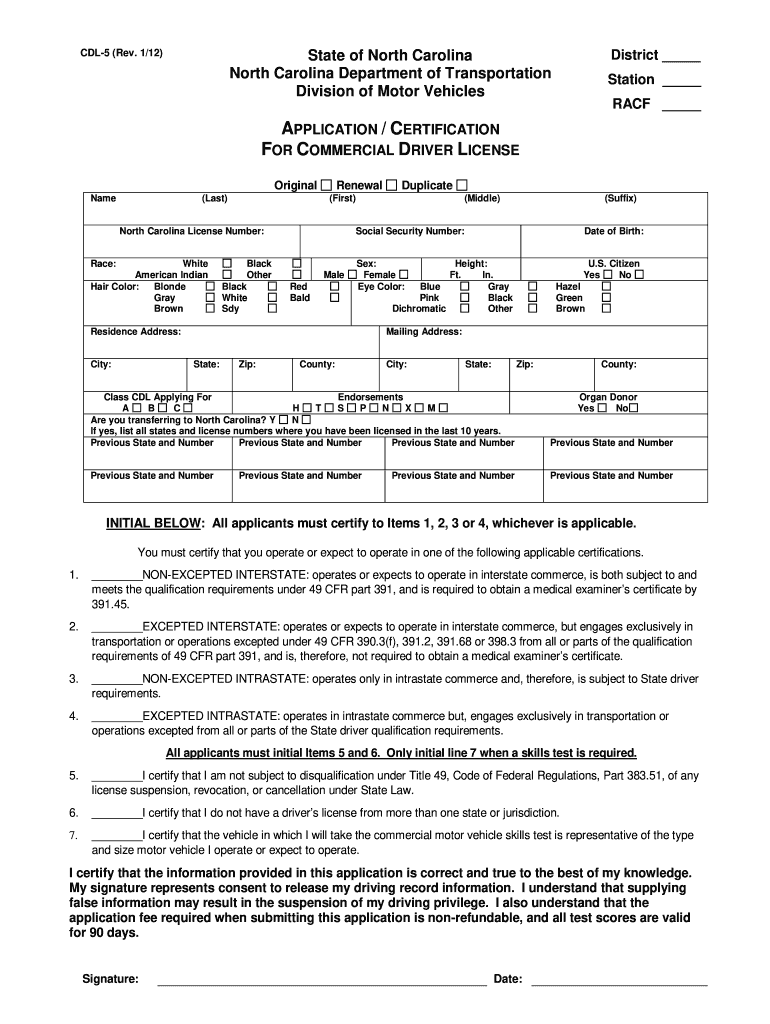  Form Cdl 5 for North Carolina 2012-2024