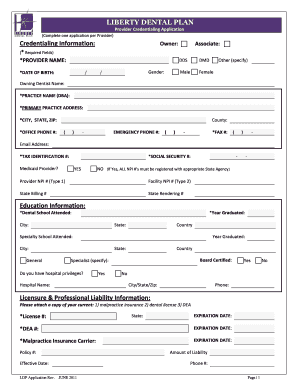  Liberty Dental Plan Provider Credentialing Application Form 2011
