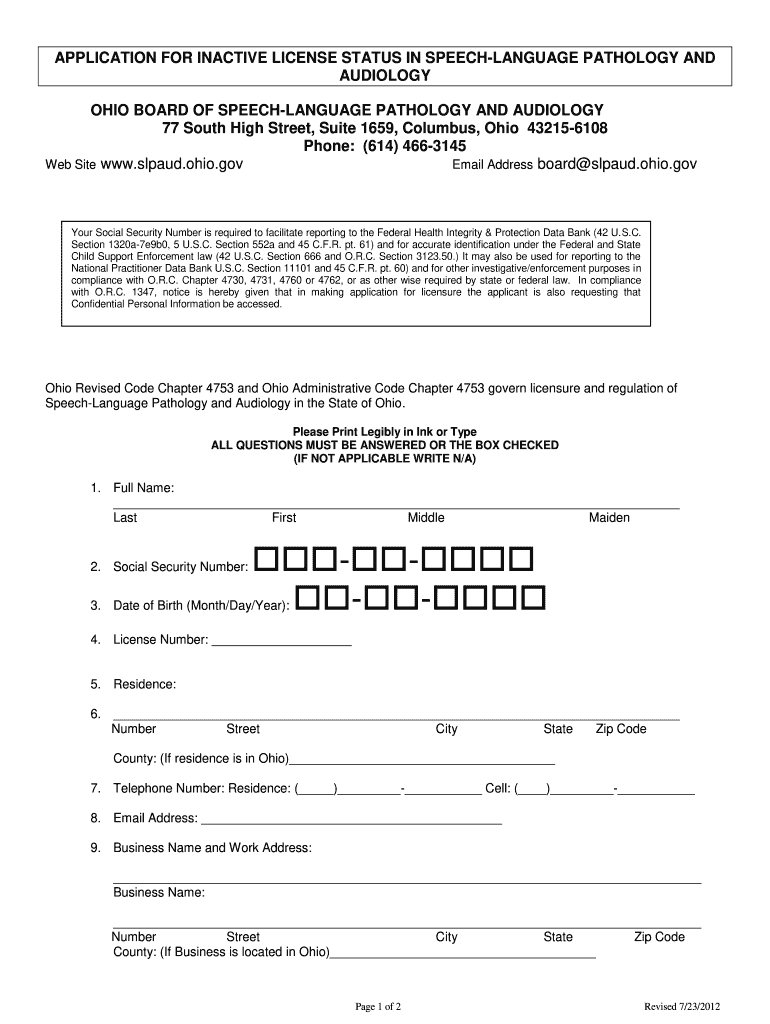 Ohio Application Inactive  Form
