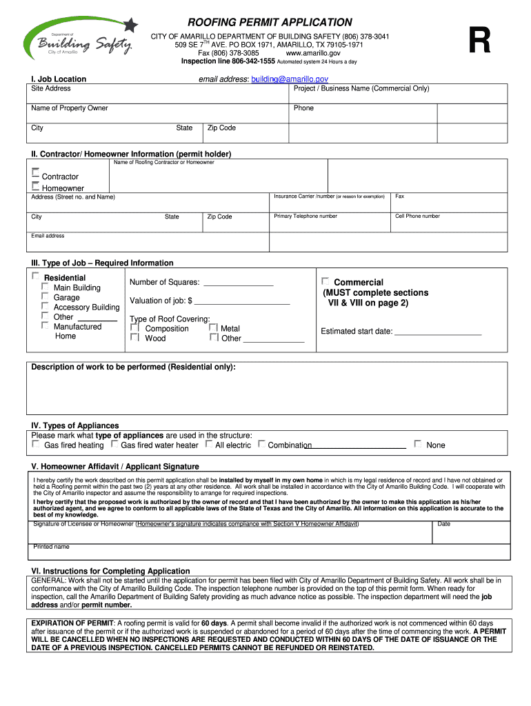 Roofing Permit Application  Form