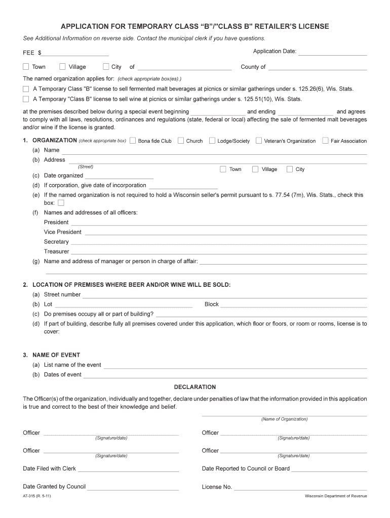 APPLICATION for TEMPORARY CLASS B RETAILER&#039;S LICENSE City Milwaukee  Form
