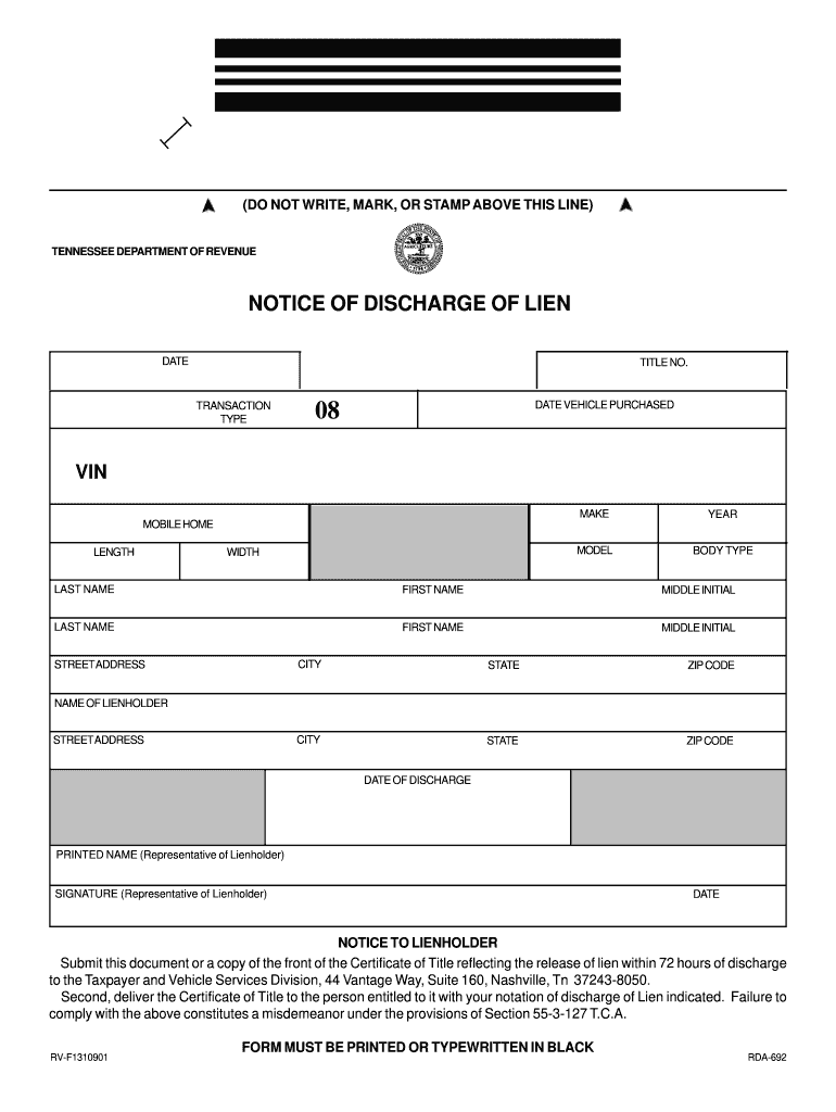 Tennessee Discharge of Lien Form