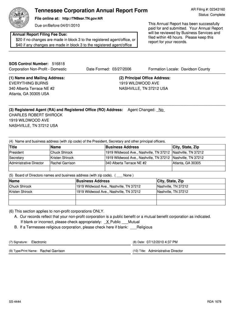 Tennessee Corporation Annual Report Form