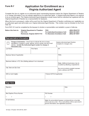 Form R 7 Application for Enrollment as a Virginia Authorized Agent