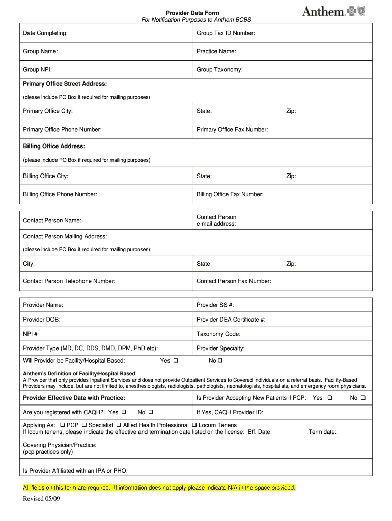  Physician Data Sheet in Anthem Form 2009-2024