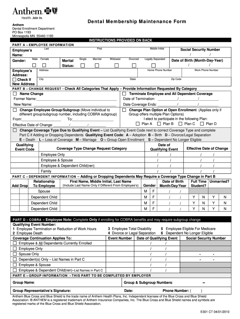  Dental Membership Maintenance Form Anthem 2010