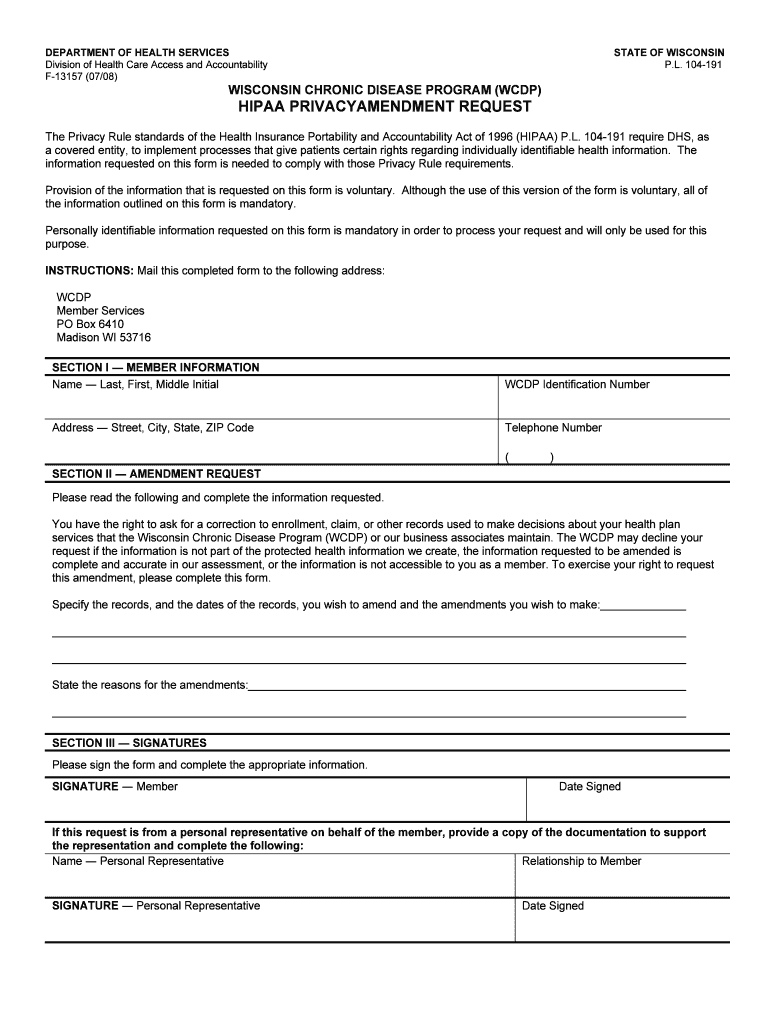 Wisconsin Chronic Disease Program WCDP HIPAA Privacy Amendment Request, F 13157 Chronic Disease Program, HIPAA Dhs Wisconsin  Form