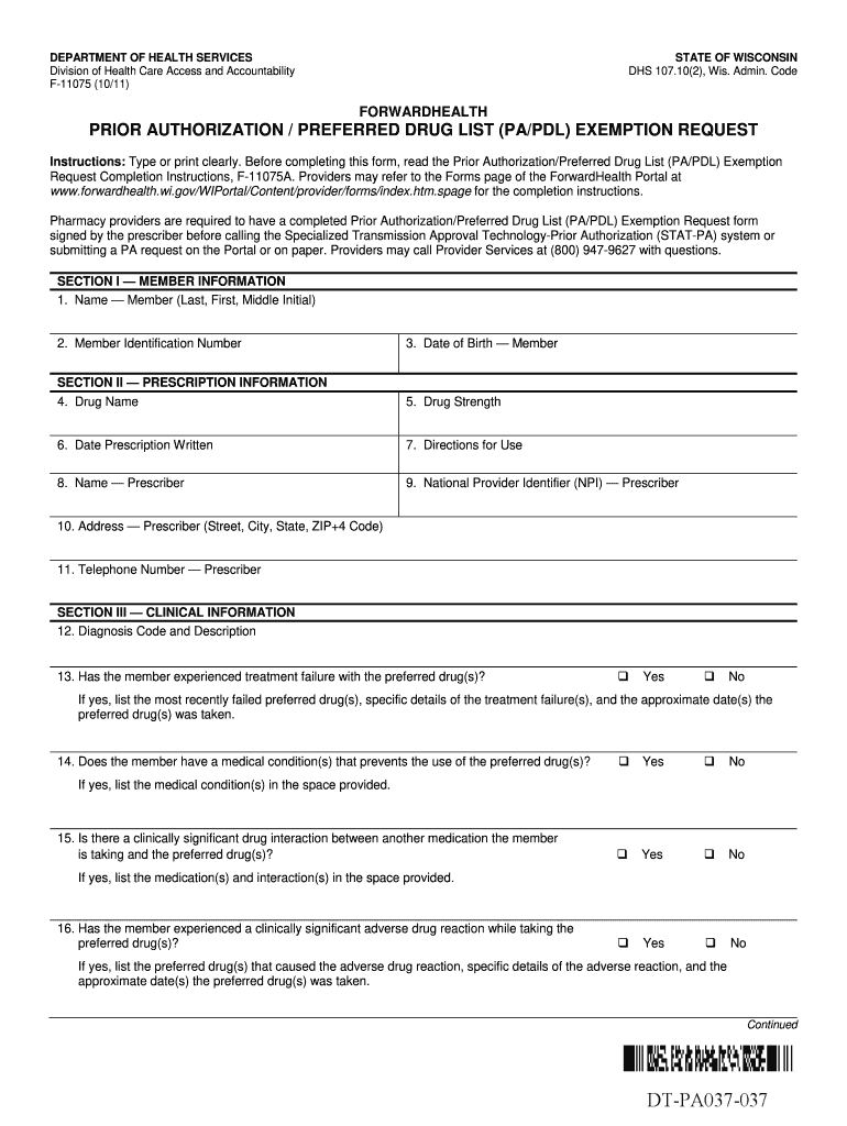  Instructions for Form F 11075 Prior Authorization 2011