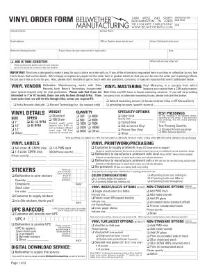 Vinyl Order Form Bellwether Manufacturing