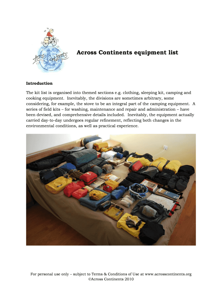 Across Continents Equipment List Acrosscontinents  Form