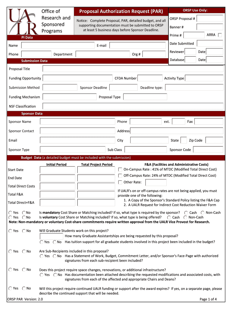 Proposal Authorization Request PAR Office of Research and Ualr  Form