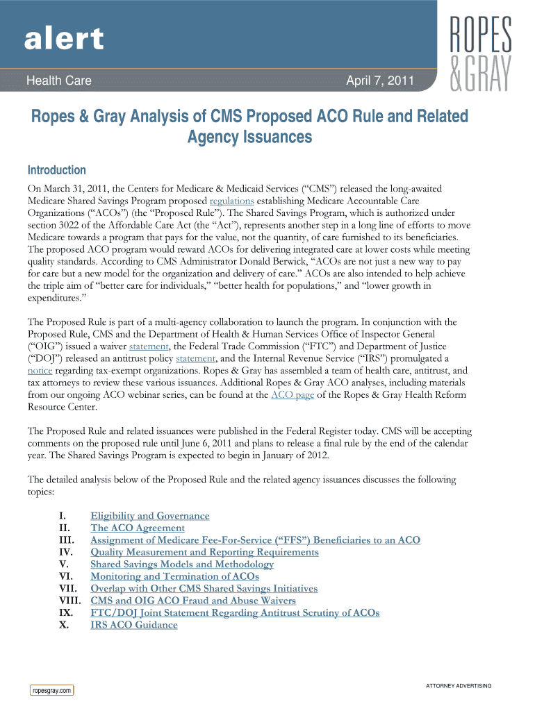 Ropes &amp; Gray Analysis of CMS Proposed ACO Rule and Related Agency Issuances  Form