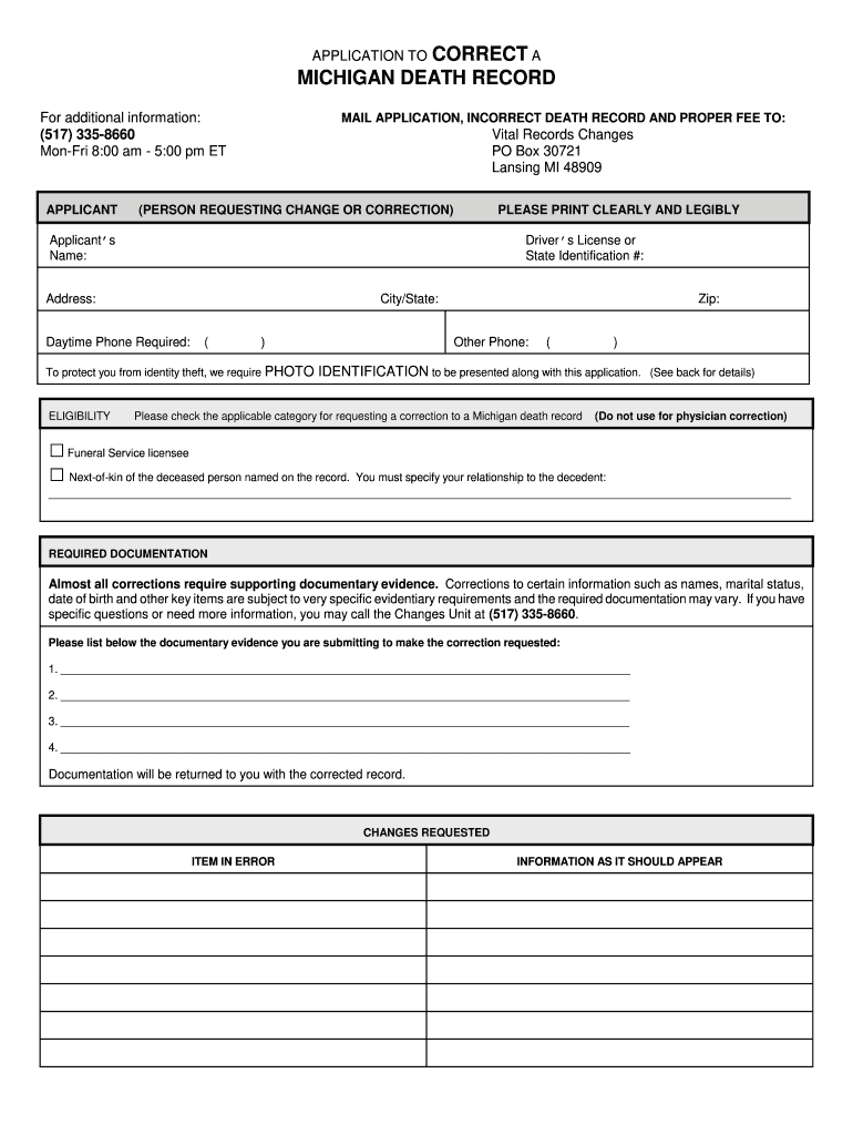  Michigan Death Certificate  Form 2007