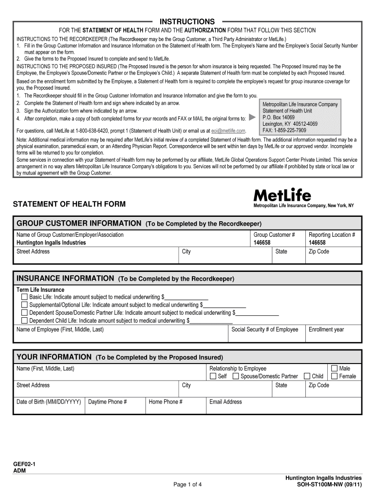  Metlife Evidence of Insurability Form 2011