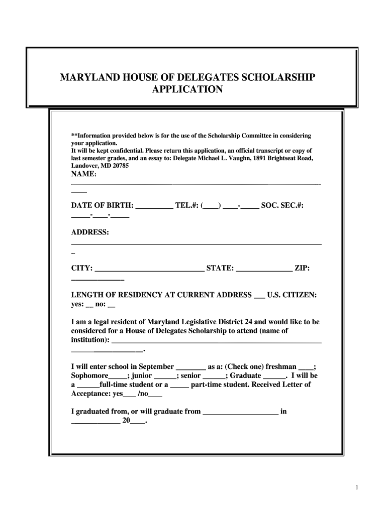 Maryland Delegate Scholarships  Form
