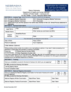 APPLICATION for LICENSURE as an OUT 0F HOSPITAL EMERGENCY CARE PROVIDER Department of Health and Human Services Division of Publ  Form