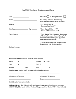 Non UNM Employee Reimbursement Form Panda Unm