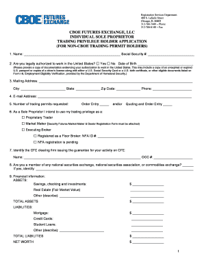 Sole Proprietor Application for Trading on CFE for CFE CBOE  Form