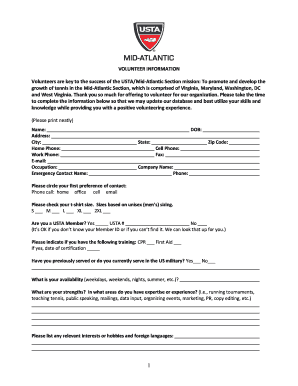 Volunteer Application Template USTA  Form