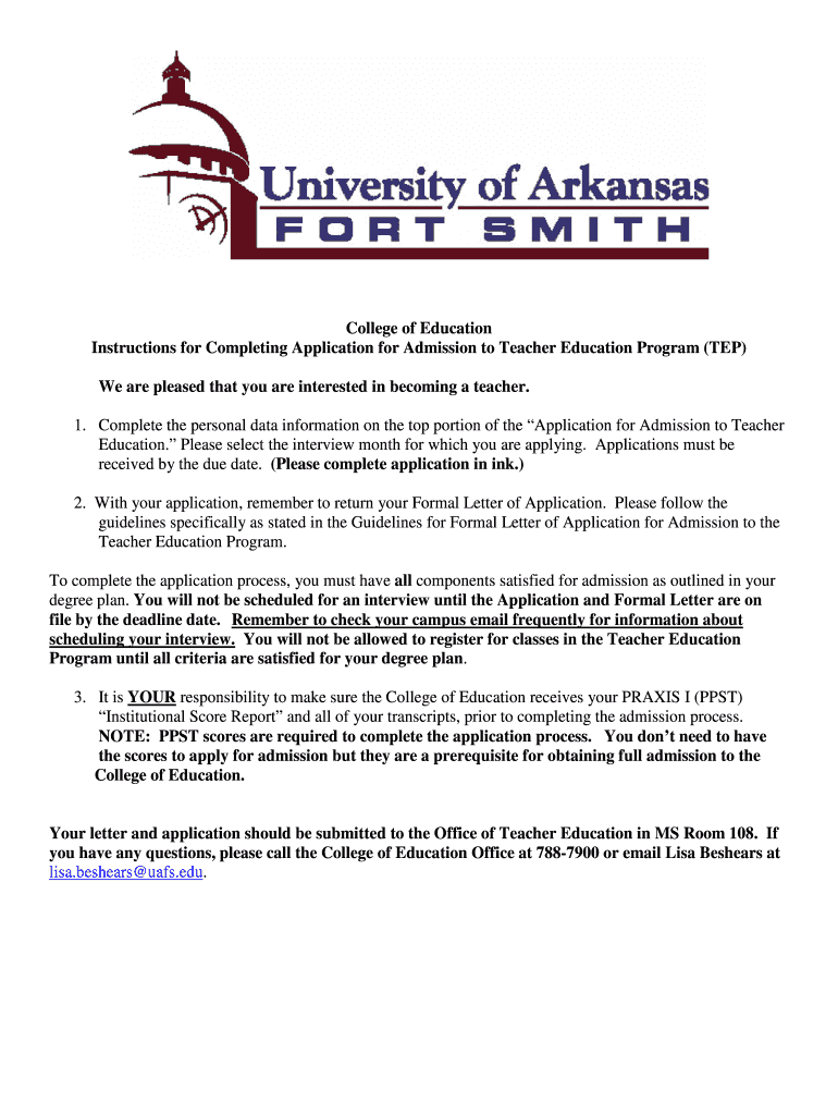 College of Education Instructions for Completing Application for Uafs  Form