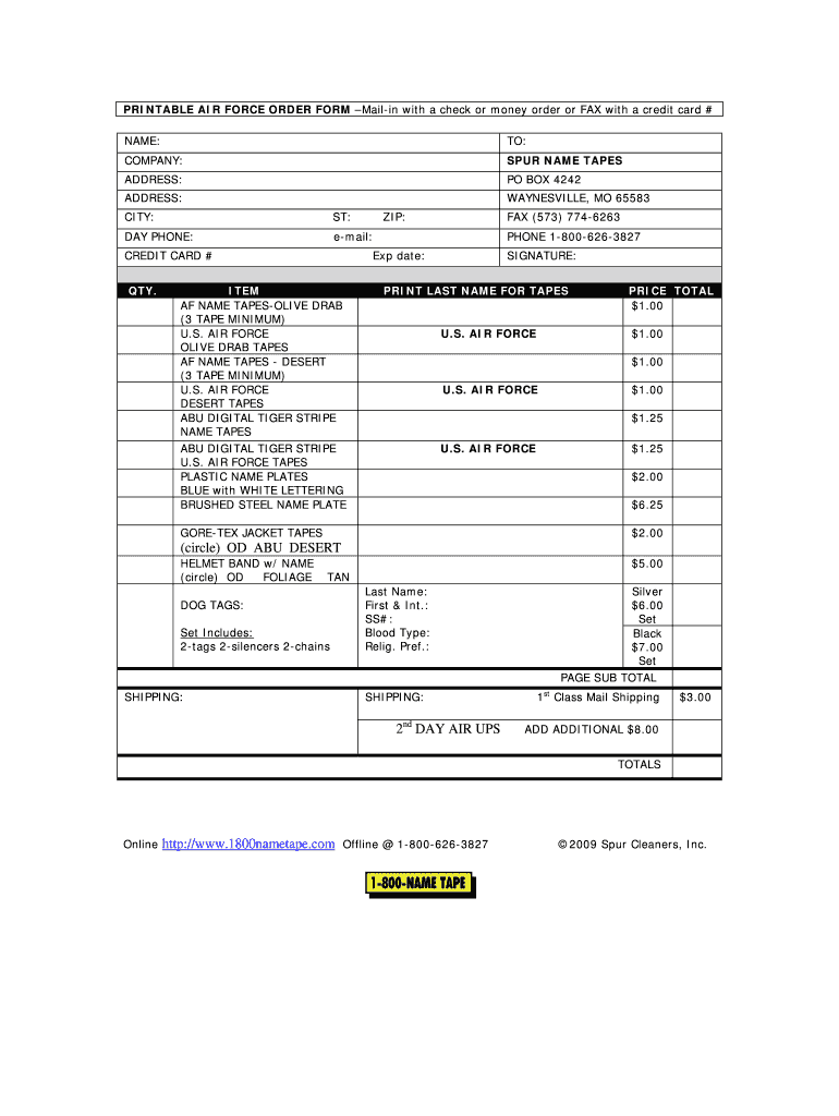 PRINTABLE ARMY ORDER FORM Mail in with a Check or Money