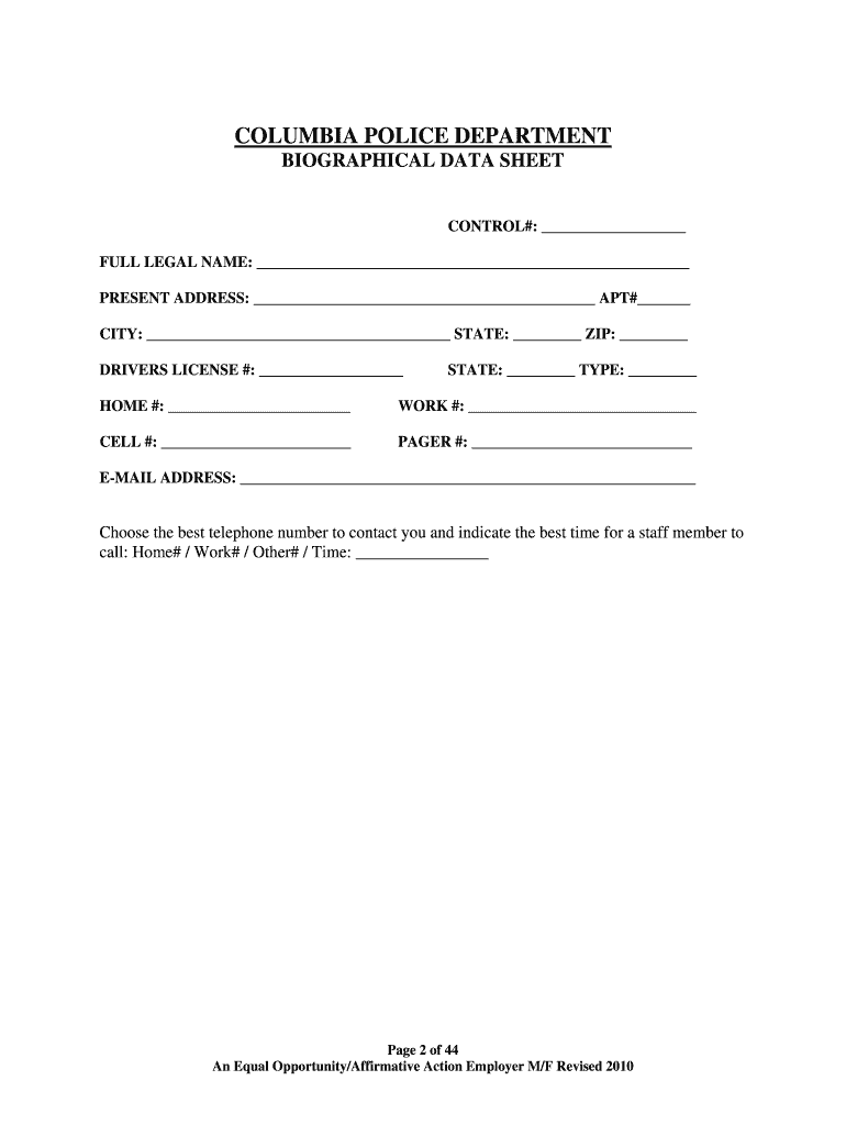 COLUMBIA POLICE DEPARTMENT PRELIMINARY BACKGROUND  Form