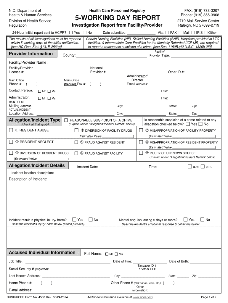 Nc Health Care Personnel Registry 24 Hour Report  Form