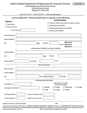 Animal Welfare Facility Application North Carolina Department of Ncagr  Form