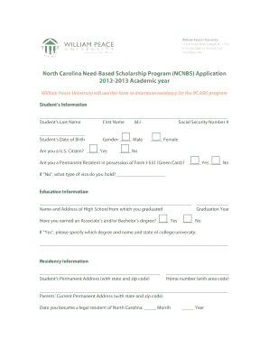 WPU Application for the North Carolina Need Based Scholarship Peace  Form