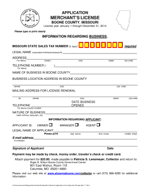 Merchant&#039;s License Application Boone County, Missouri  Form