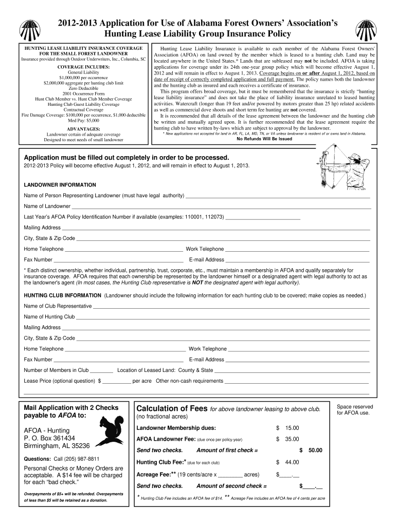  Afoa Hunting Insurance  Form 2012