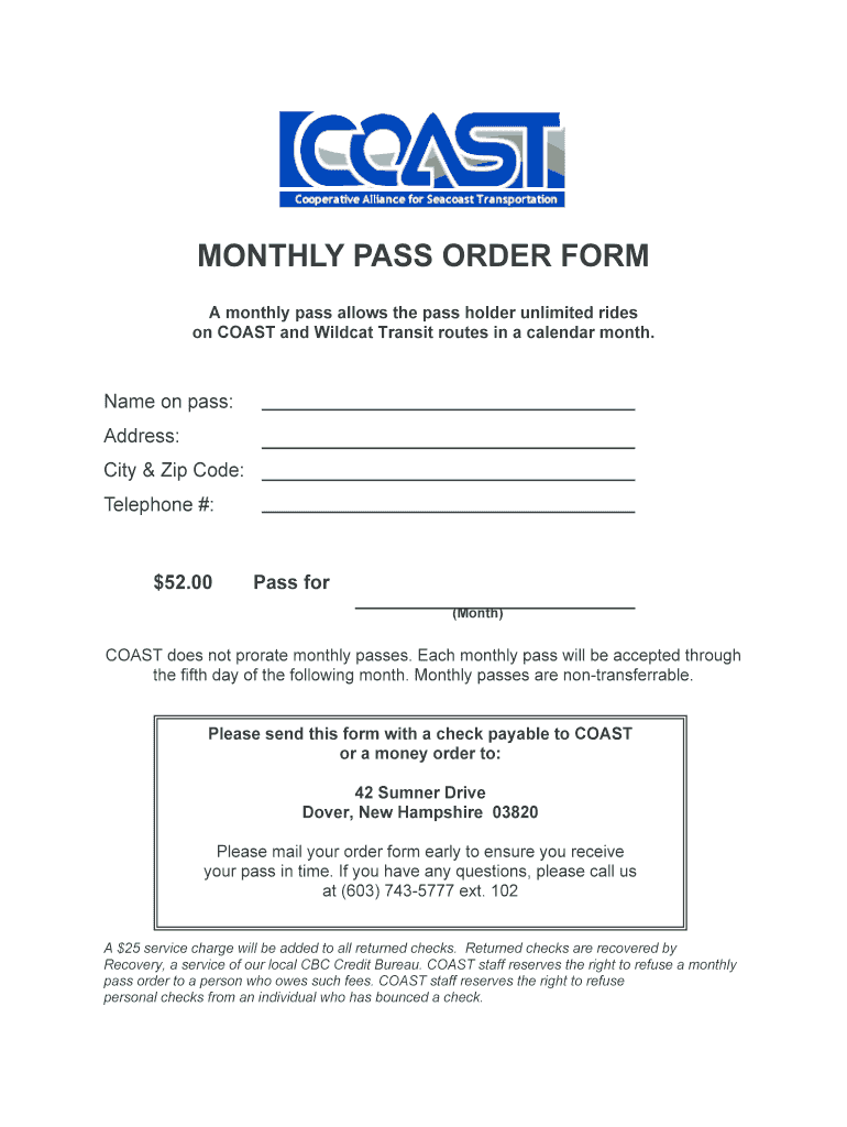 MONTHLY PASS ORDER FORM Coastbus