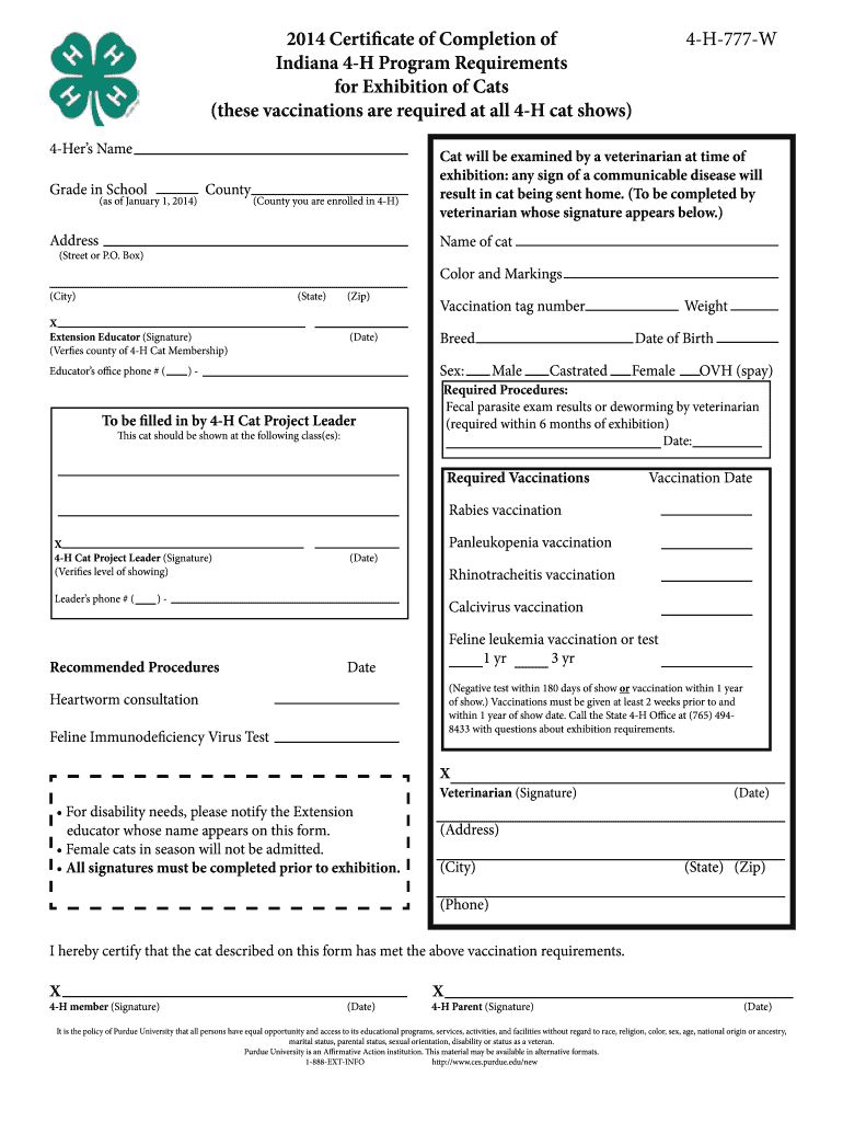  Cat Vaccination Form Indiana 4 H Purdue University Four H Purdue 2014