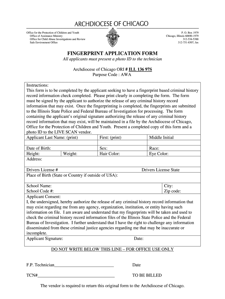 FINGERPRINT APPLICATION FORM Archdiocese of Chicago Schools Archchicago