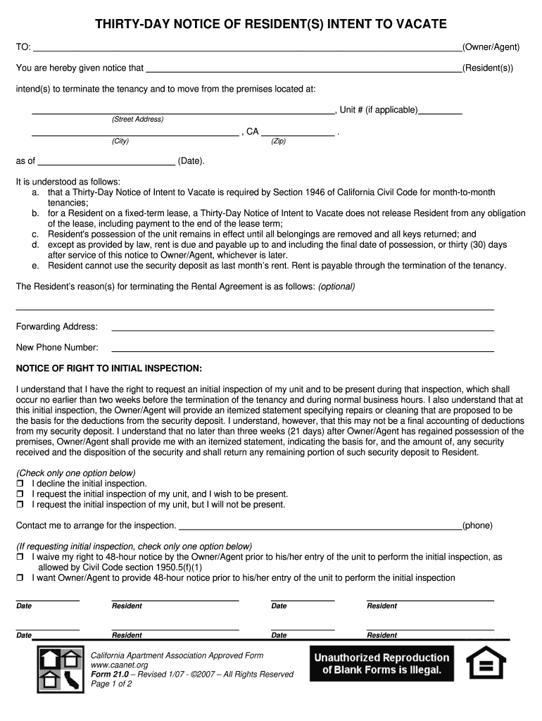 30 Day Notice of Intent to Vacate California  Form