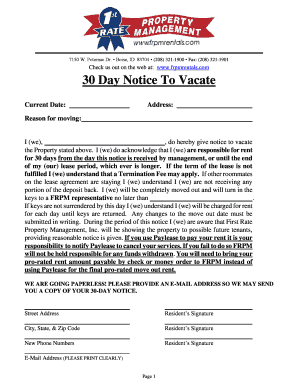 30 Day Notice to Vacate Form