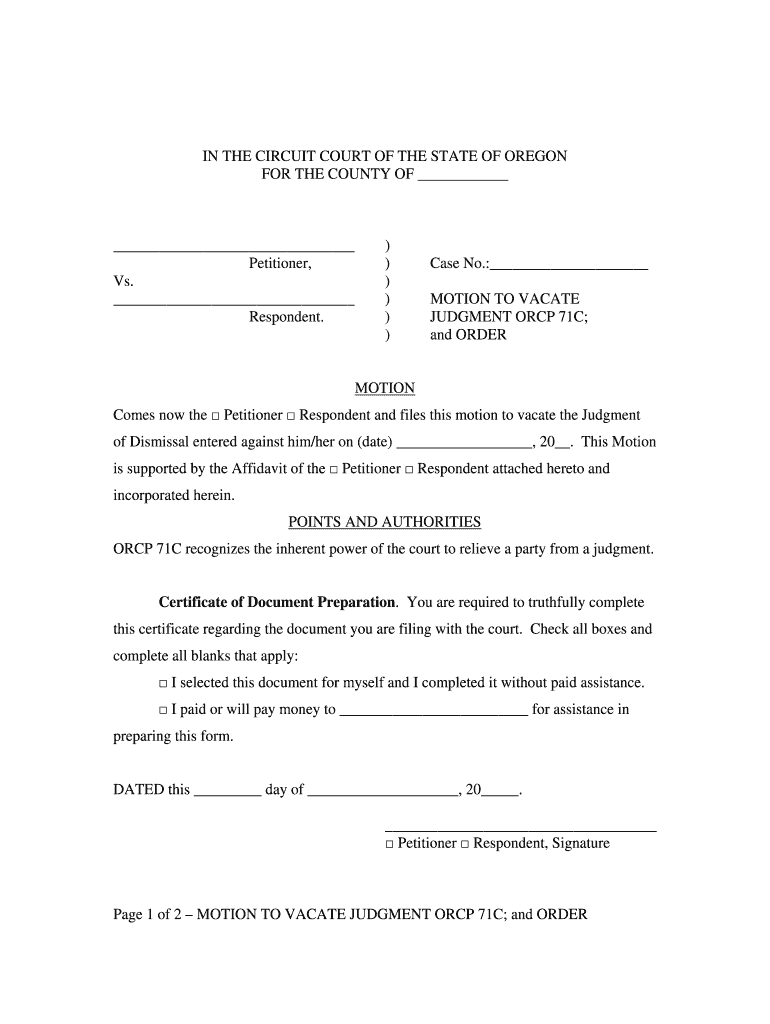 Motion to Vacate Judgment Oregon  Form