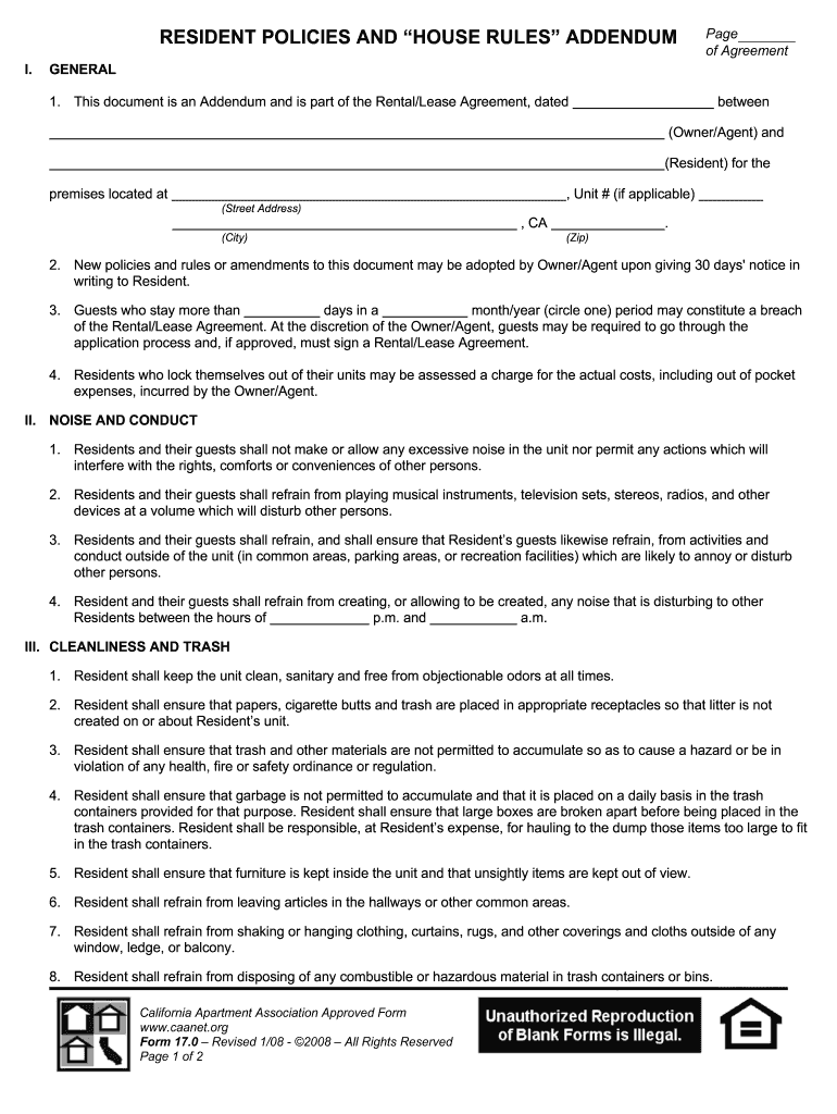 House Rules Addendum to Lease Agreement  Form