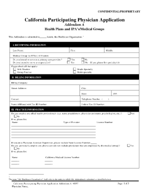 California Participating Physician Application Addendum a Form