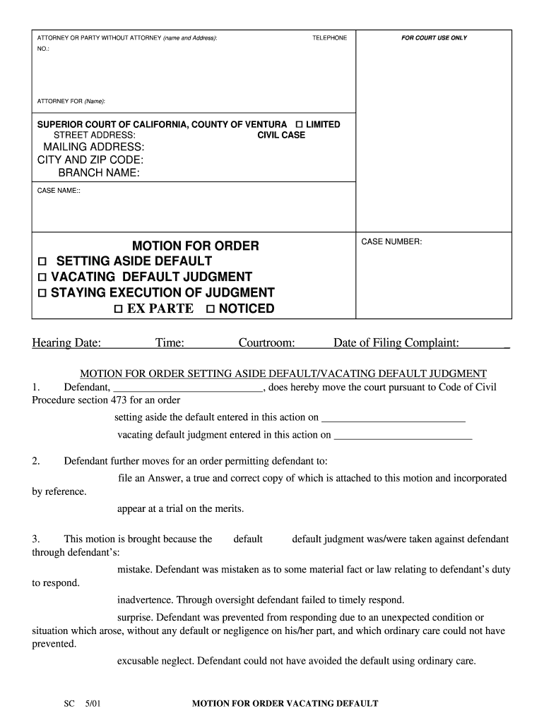  Motion for Order to Vacate Default Form California 2001-2024