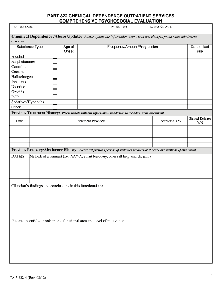 Get and Sign Completed Sample of a Part822 Chemical Dependence Outpatient Services Comprehensive Psychosocial Evaluation Form 2011-2022
