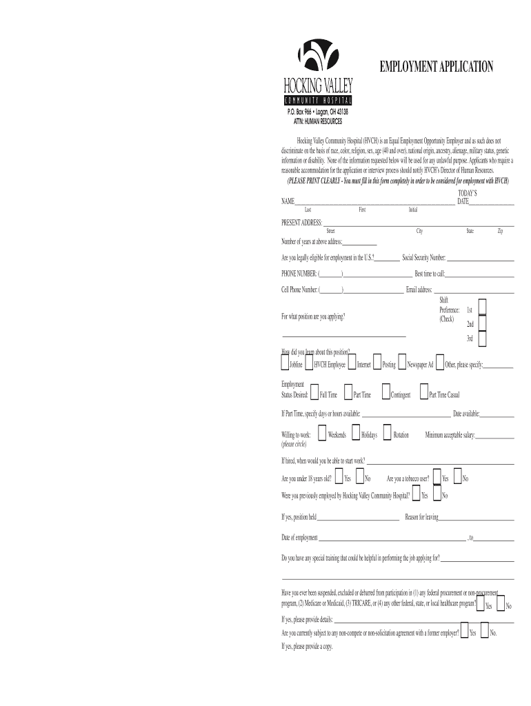 H V Employment Application Hvch  Form