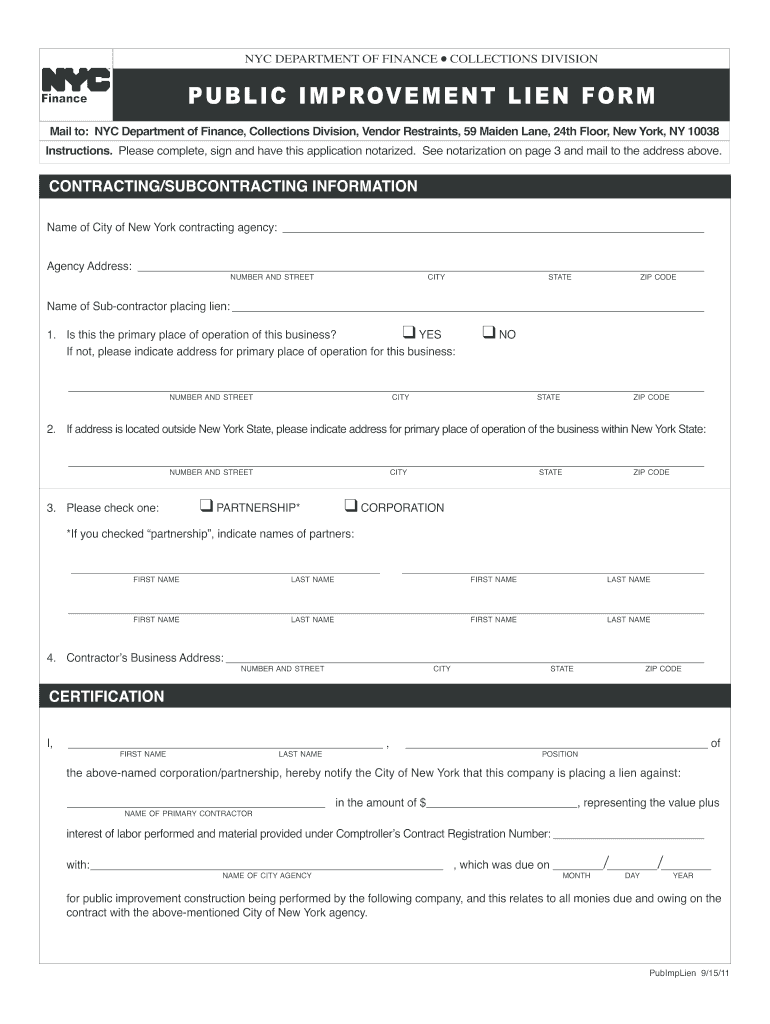  Public Improvement Lien Form California 2011-2024