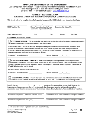 Maryland Lead Inspection Certificate  Form