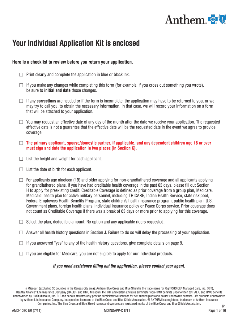  Anthem Amo 103c Form 2011