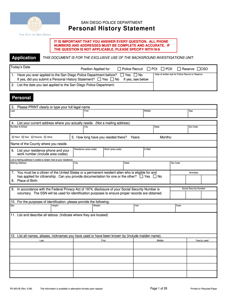  Police Personal History Statement 2008-2024