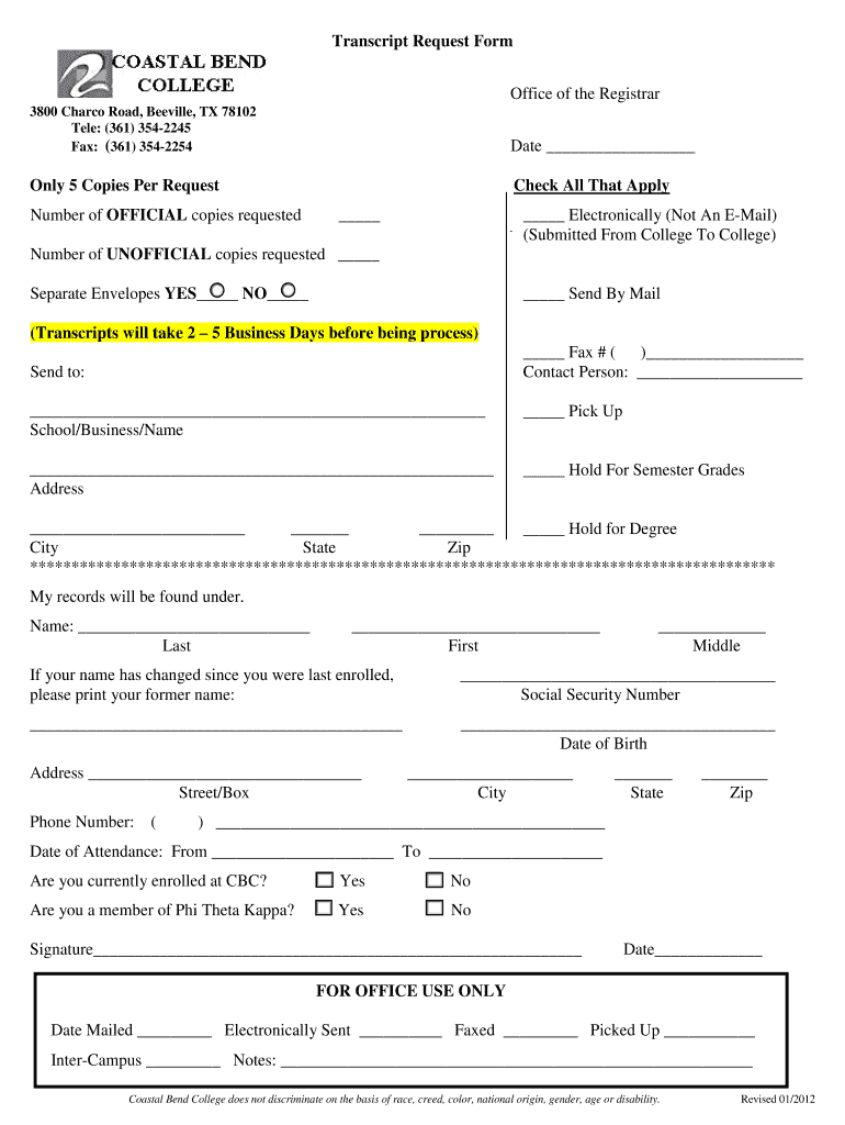 Coastal Bend Transcript Request  Form