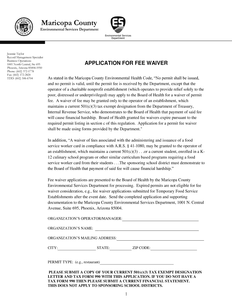 Fee Waiver Application  Maricopa County  Maricopa  Form
